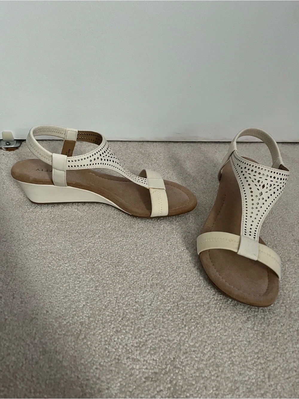 Women's Cream Perforated T-Strap Wedge Sandals